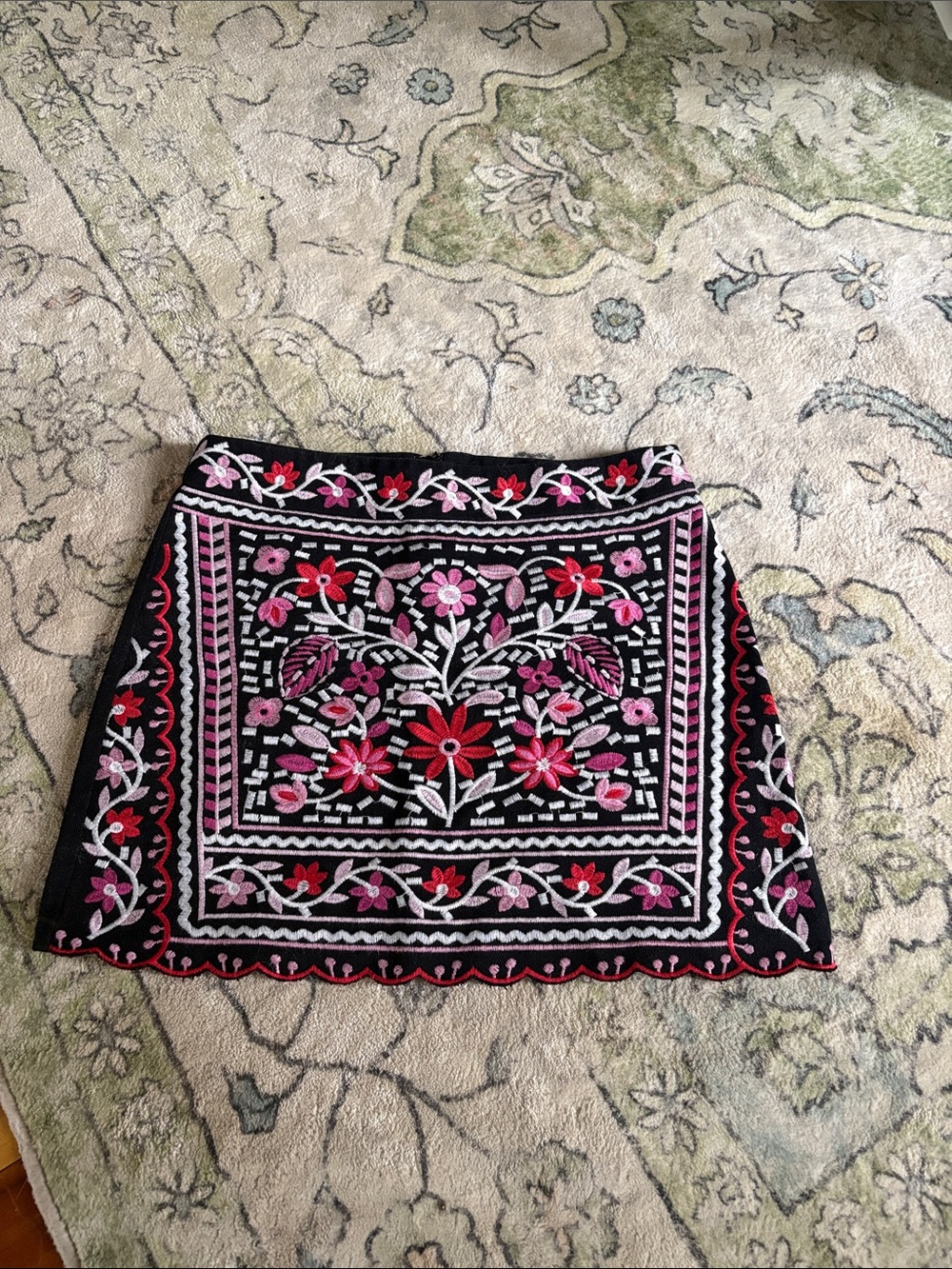 Francesca’s Black Embroidered Floral Mini Skirt - Pink & Red Accents